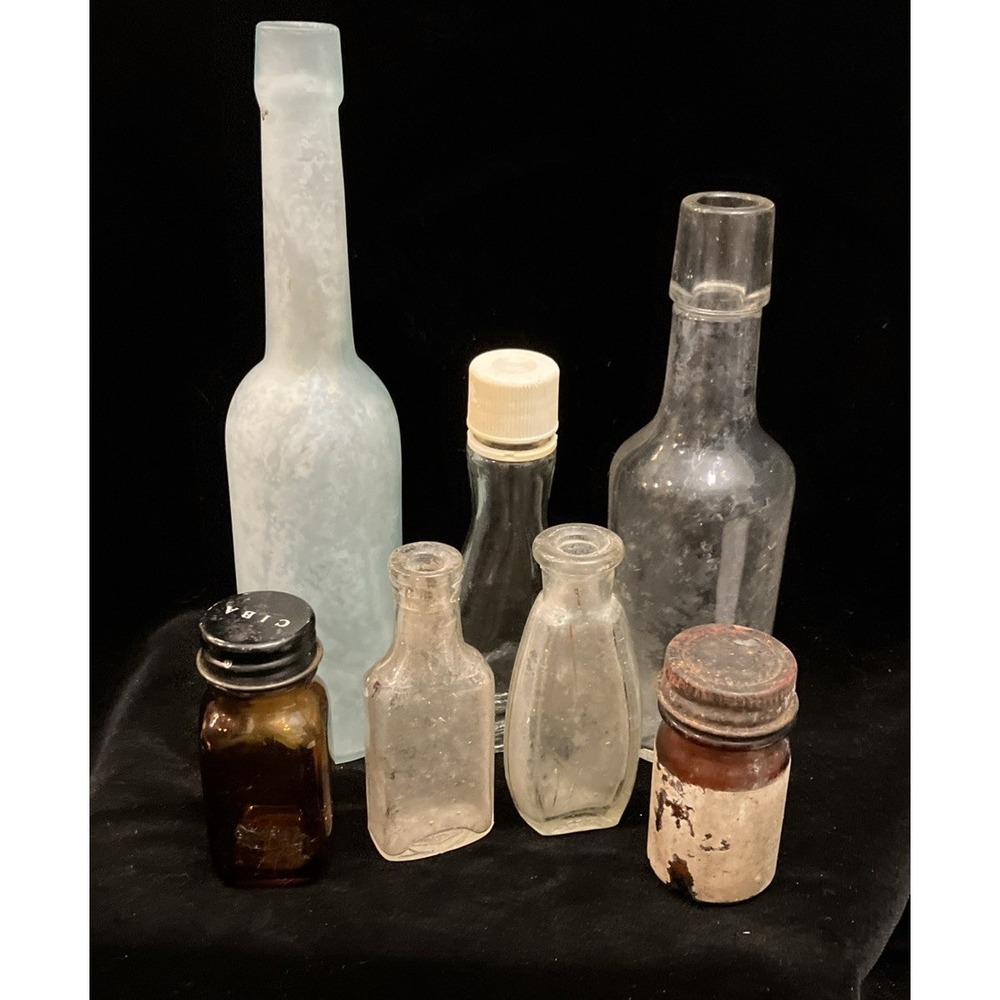Lot of 7 Vintage Glass Bottles Medicine Cosmetic Apothecary Clear Brown Blue